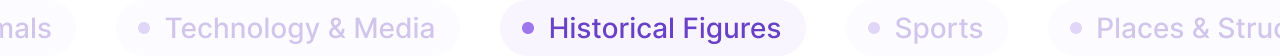 Navigation menu buttons labeled Animals, Technology & Media, Historical Figures, Sports, and Places & Structures.