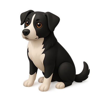 Illustration of a black and white dog with brown eyes sitting attentively.