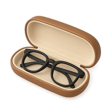 Black rectangular eyeglasses resting inside an open beige and brown hard case.