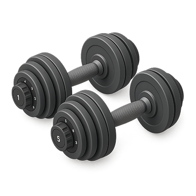 Pair of adjustable black dumbbells with numbered weight plates on a white background.