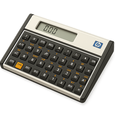 HP scientific calculator with a digital display showing 0.00 and multiple function keys including trigonometric and memory functions.