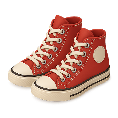 Pair of red high-top canvas sneakers with white laces and rubber soles.
