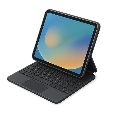 Tablet with a blue and orange gradient screen attached to a black keyboard cover, propped up at an angle.