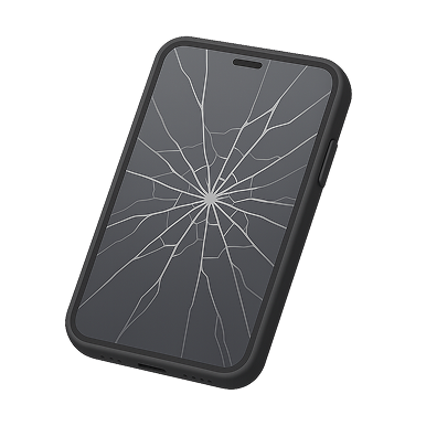 Smartphone with a cracked screen displaying multiple spiderweb-like fractures.