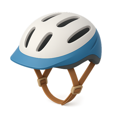 White and blue bicycle helmet with brown adjustable straps.