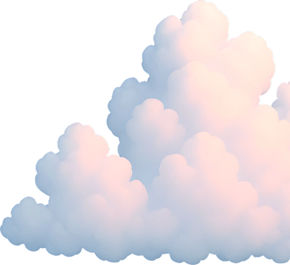 Soft, fluffy cloud with light pink and blue shading on a transparent background.
