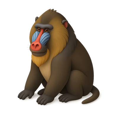 Illustration of a seated baboon with a colorful face and brown fur.