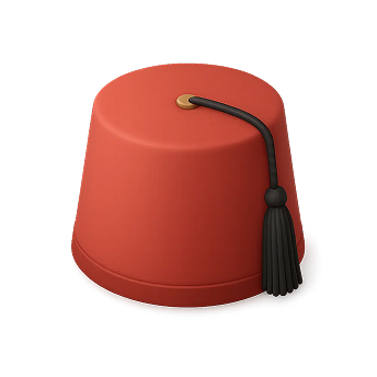 Red fez hat with a black tassel and gold attachment on top.