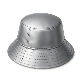 Silver metallic bucket hat with stitched seams on a transparent background.