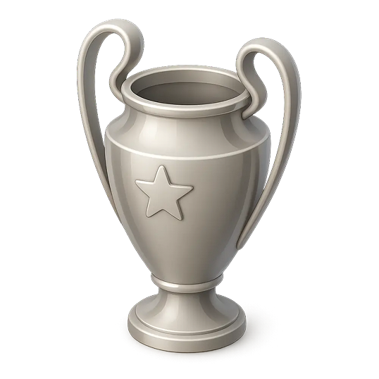 Silver trophy cup with two handles and a star emblem on the front.