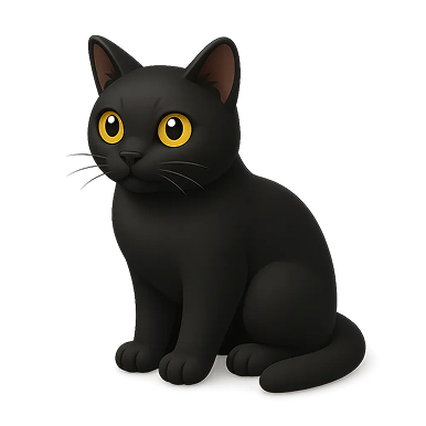 Illustration of a seated black cat with large yellow eyes and a slightly curved tail.