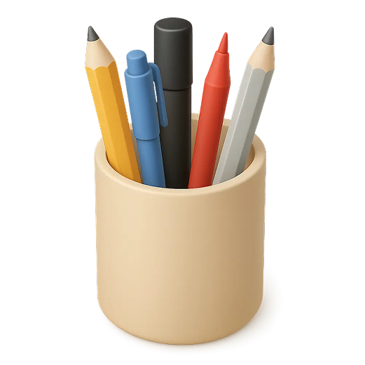 Beige cylindrical holder containing two pencils, a blue pen, a black marker, and a red crayon.