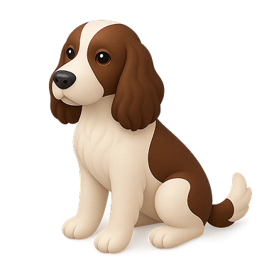 Illustration of a sitting brown and white dog with long ears and big eyes on a black background.