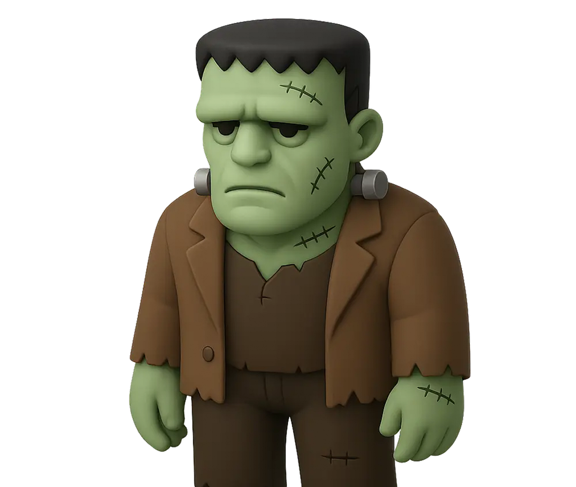 3D cartoon Frankenstein character with green skin, stitched scars, and wearing a brown torn suit.