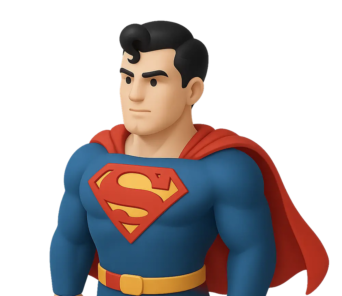 Cartoon-style Superman character with blue suit, red and yellow S emblem, red cape, and black hair.
