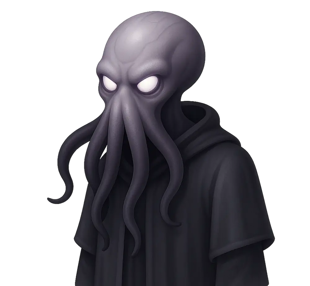 Dark humanoid figure with glowing white eyes and octopus-like tentacles for a face wearing a black hooded cloak.