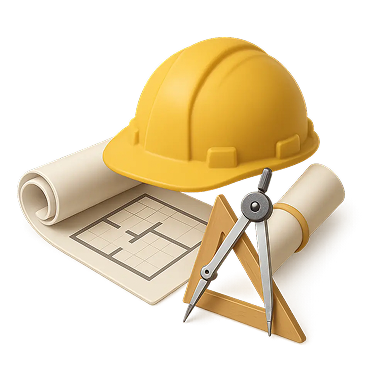 Yellow construction helmet resting on architectural blueprints with a compass and triangular ruler.