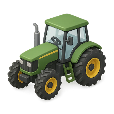 Green tractor with large black tires, yellow hubs, enclosed cab, and exhaust pipe.