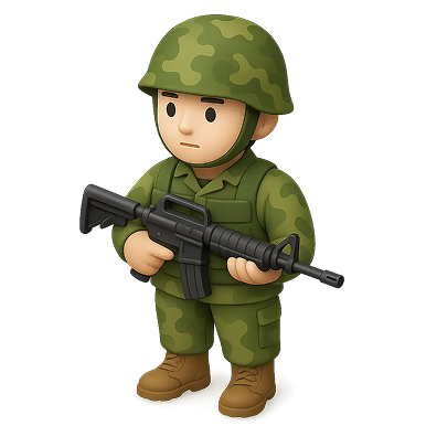 Cartoon soldier in green camouflage uniform and helmet holding a rifle.