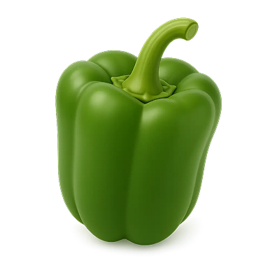 Fresh green bell pepper with stem on a white background.