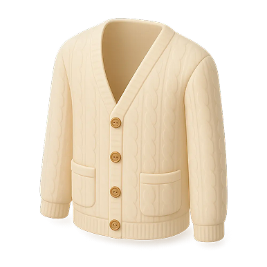 Cream-colored cable knit cardigan with four wooden buttons and two front pockets.