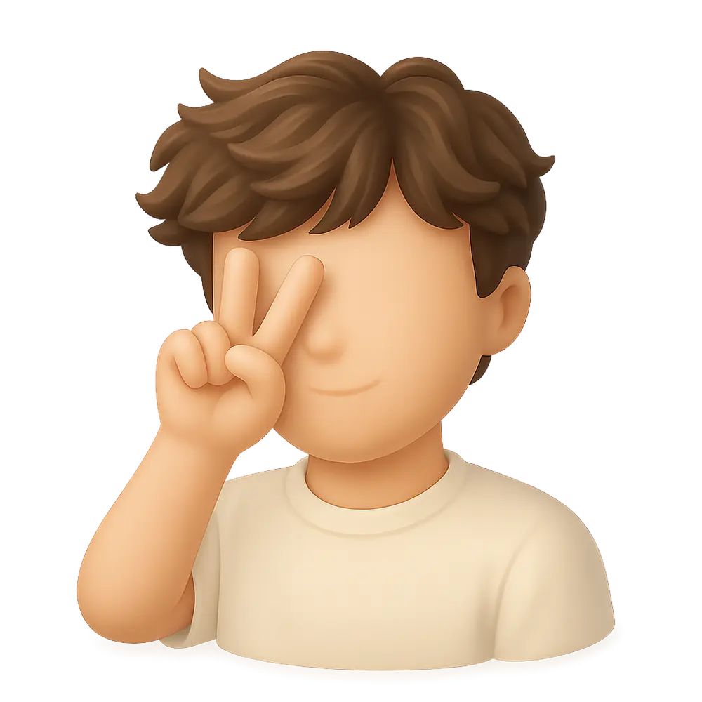 3D cartoon character with brown hair making a peace sign with two fingers near one eye.