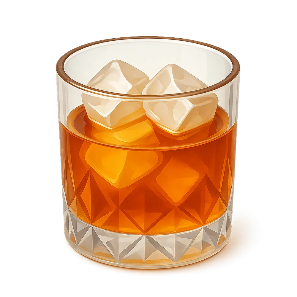 Glass of amber whiskey with three ice cubes on a white background.