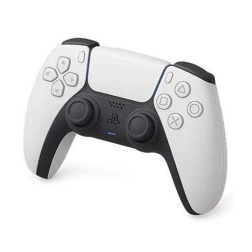 White and black PlayStation 5 DualSense wireless controller angled to show buttons, analog sticks, and directional pad.