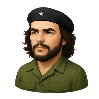 Illustration of a serious man with a beard and long hair wearing a black beret with a star and an olive green military-style shirt.