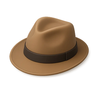 Brown fedora hat with a black band around the base of the crown, shown on a transparent background.